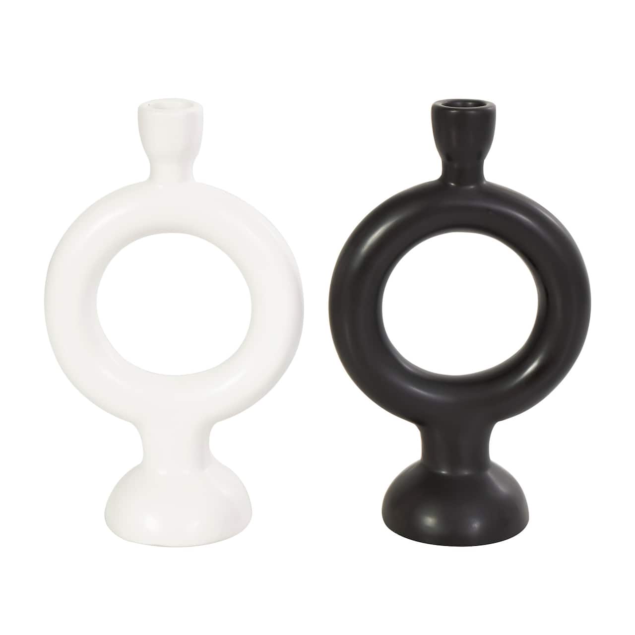 CosmoLiving by Cosmopolitan 9" Black & White Ceramic Geometric Ring Taper Candle Holder Set